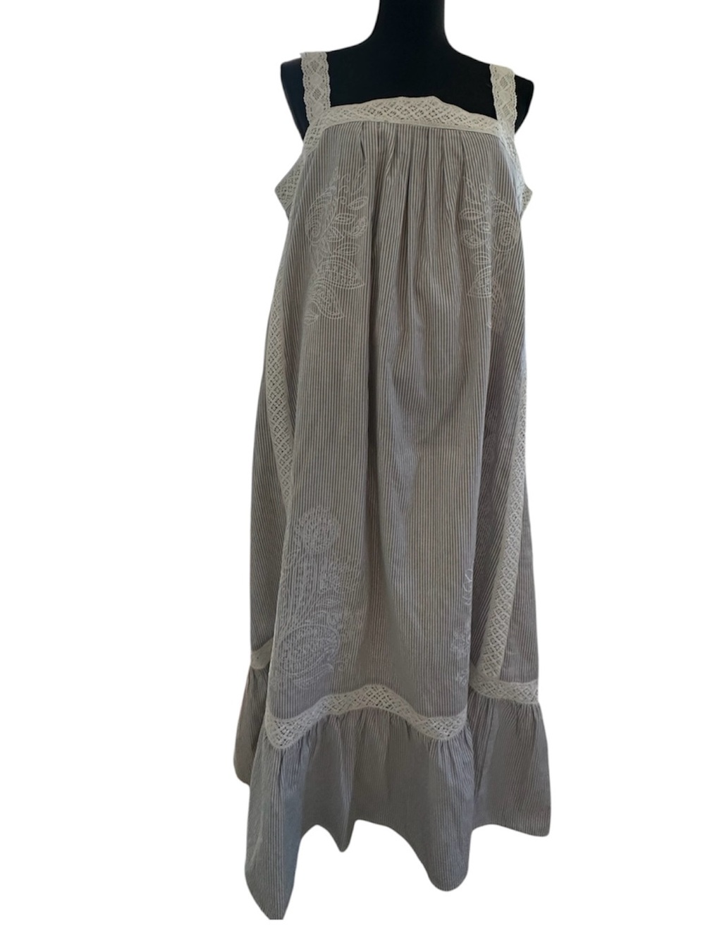 Reba Gray Pinstripe Maxi Dress with White Lace Trim